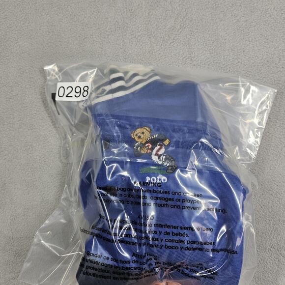 Ralph Lauren Boys 3 Months Blue Football Bear Rugby Polo One Piece Romper Snaps - Picture 10 of 10